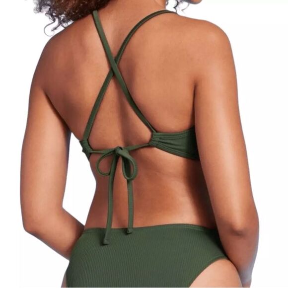 NWT Shade & Shore 32B Solid Green Ribbed Longline V-Wire Bikini Swim Top - Picture 4 of 8